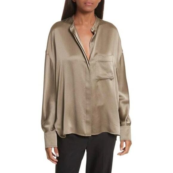 VINCE Mandarin Collar Silk Blouse In Aloe small - Picture 1 of 7